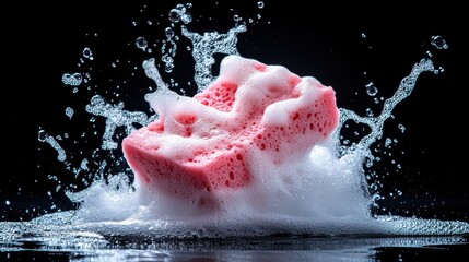 The lively explosion of soap and bubbles from a pink sponge creates a captivating motion, blending art and functionality while showcasing the joyful side of everyday cleaning.