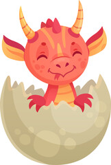 Red baby dragon with vibrant scales, horns, and wings hatching from its egg, eyes closed and wearing a joyful smile, isolated against a clean white background