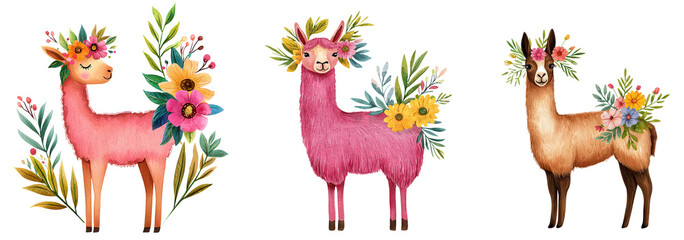 Colorful boho llamas with floral accents in whimsical style, isolated on transparent background.
