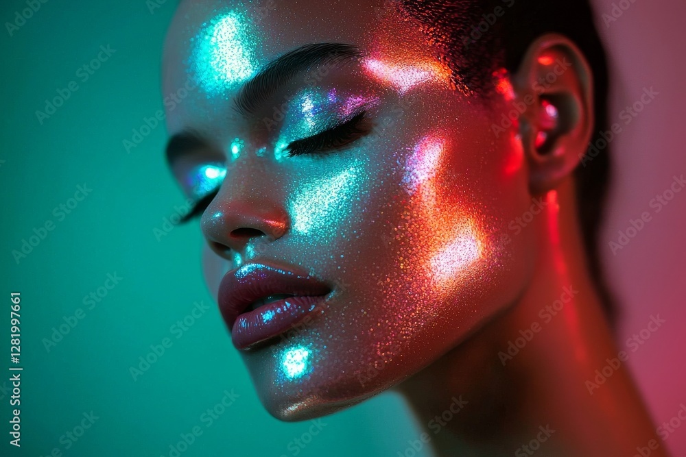 Poster a stock concept featuring a vibrant, neon-lit robot with a chrome body has been created using genera