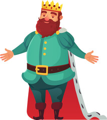 Friendly cartoon king, wearing a shiny gold crown, a vibrant green uniform, and a flowing red cape, welcomes everyone with open arms and a cheerful smile, radiating joy and positivity