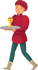 Young page dressed in medieval attire carefully carrying a golden chalice on a silver tray, fulfilling duties in a royal court or monastery setting