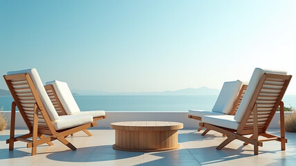Deck chairs arranged around a circular table under a clear sky