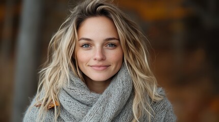 An enchanting portrait of a charming woman wearing a cozy gray scarf, her warm smile radiating amid the soft autumnal backdrop, exuding tranquility and grace.