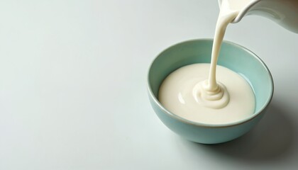 Pouring fresh cream to bowl from jug. Dairy liquid is added to turquoise bowl, smooth white texture. Healthy cooking breakfast food ingredient for receipe. Culinary gastronomy.