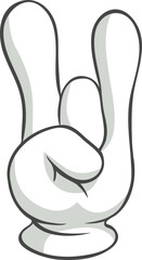 Cartoon hand gesturing rock and roll symbol with index and little finger raised while thumb, middle and ring finger are folded, conveying energy, rebellion, music, and counterculture spirit