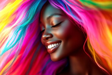 Obraz premium Commercial advertising visual idea visual layout. Long hairdo - multicolored hair. Gorgeous smiling black girl - for ads, brochure and social media networks use. Stylish black advertising.