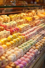 A vibrant display of colorful marzipan confections in a traditional pastry shop, arranged in neat rows behind a glass counter, illuminated by warm golden lighting
