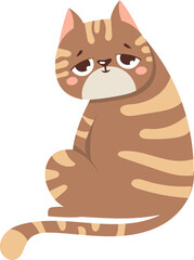 Adorable cartoon tabby cat with brown and beige stripes sitting with its tail extended, conveying a sense of boredom or melancholy with its droopy eyes and slightly downturned mouth