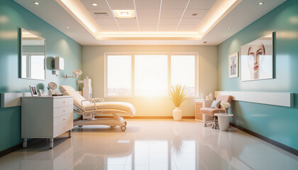 Futuristic hospital room bathed in soft natural light, symbolizing healing