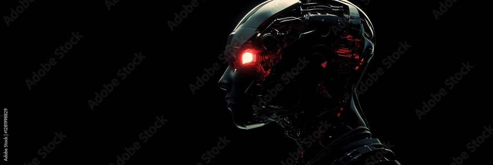 Aufkleber Futuristic profile of a cybernetic human with glowing eye and intricate mechanical structures. Generative AI