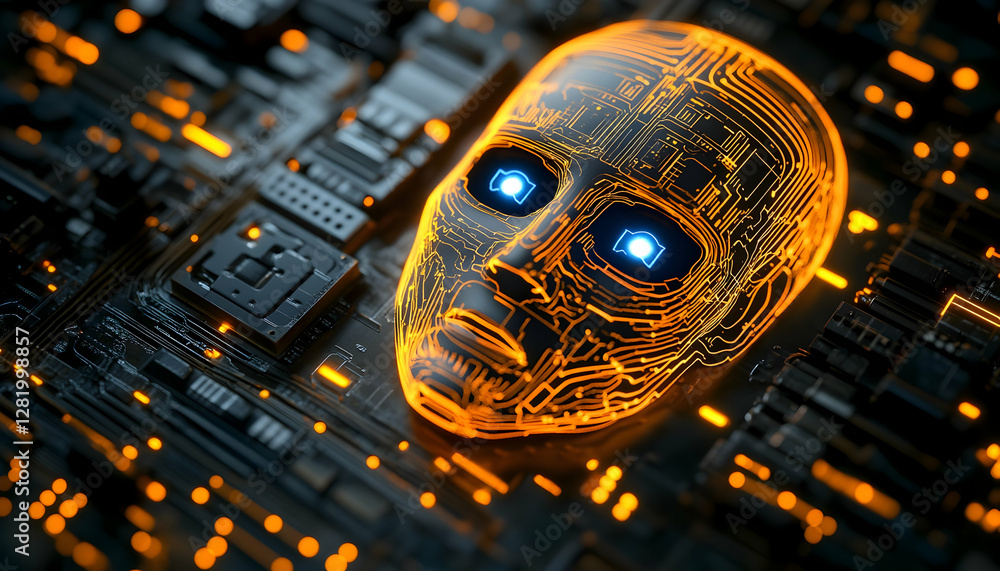 Poster futuristic ai head on circuit board; technology concept; possible use in tech or science marketing
