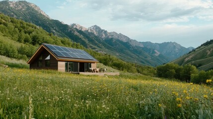 Fototapeta premium sustainable mountain cabin, a green mountain cabin powered by solar energy, with a compact panel array integrated discreetly into the rustic design