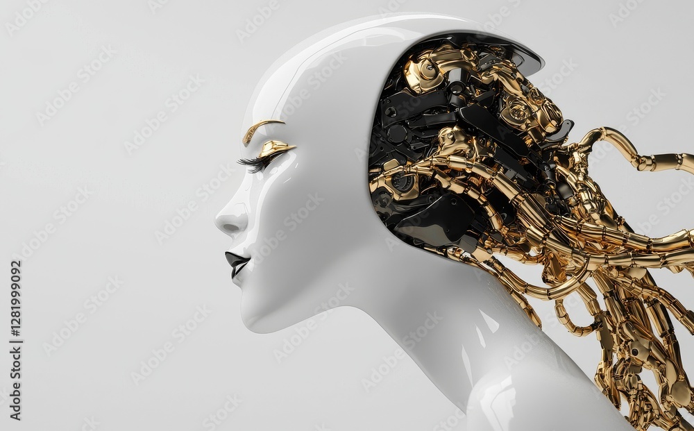 Poster image capturing the side view of a stunning female android powered by ai