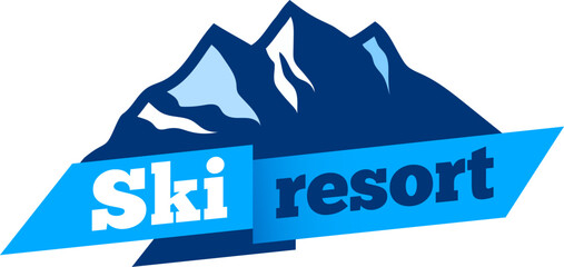 Stylized snowy mountain peaks logo representing a ski resort with a light blue ribbon and dark blue text, ideal for winter sports and tourism businesses