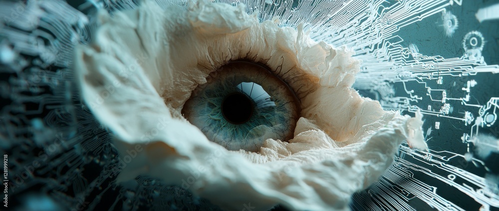 Poster the concept of a cybernetic eye is intertwined with future technology and advanced tracking systems,