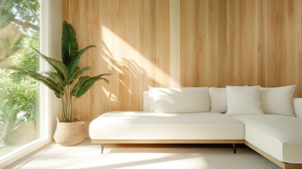 This serene image captures a bright and minimalist living room, complemented by natural light and greenery, offering a perfect blend of comfort and tranquility for modern living.