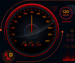 Fototapeta premium Futuristic car dashboard displaying speed, fuel level, temperature, battery status, and the current time, illuminated in vibrant orange and red hues against a dark background