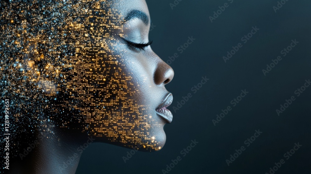 Poster the ai stock, a humanoid robot, is contemplating or assessing data as a glowing code structure float