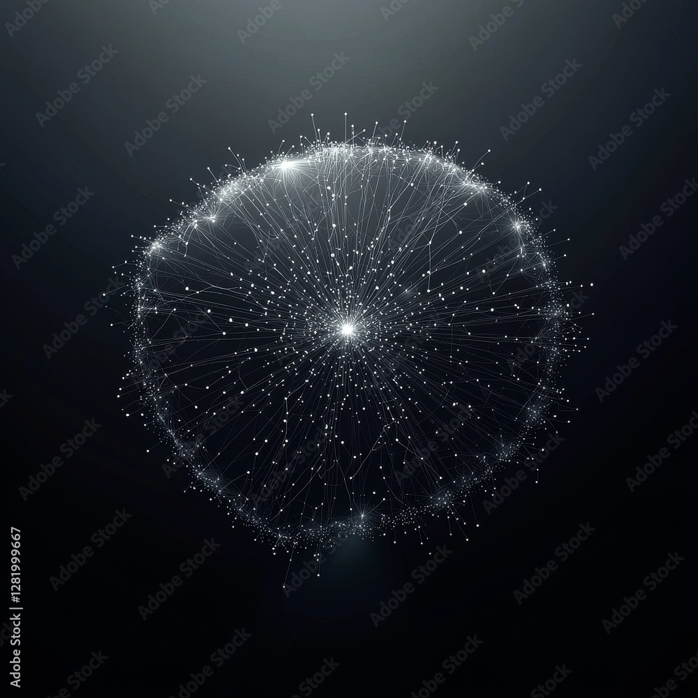 Poster an abstract illustration composed of connected lines and dots forming a fractal element