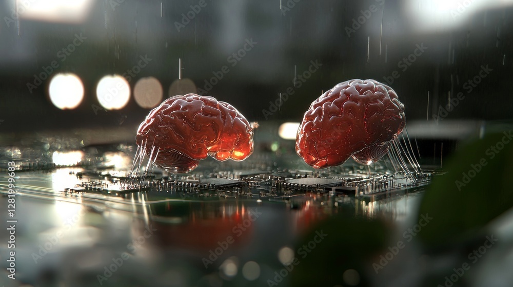 Poster big data and stock concept is symbolized by a glowing human brain powered by a processor, highlighti