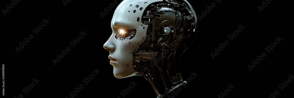 Poster intricate side profile of a cyborg head with glowing mechanical eye and advanced cybernetic implants