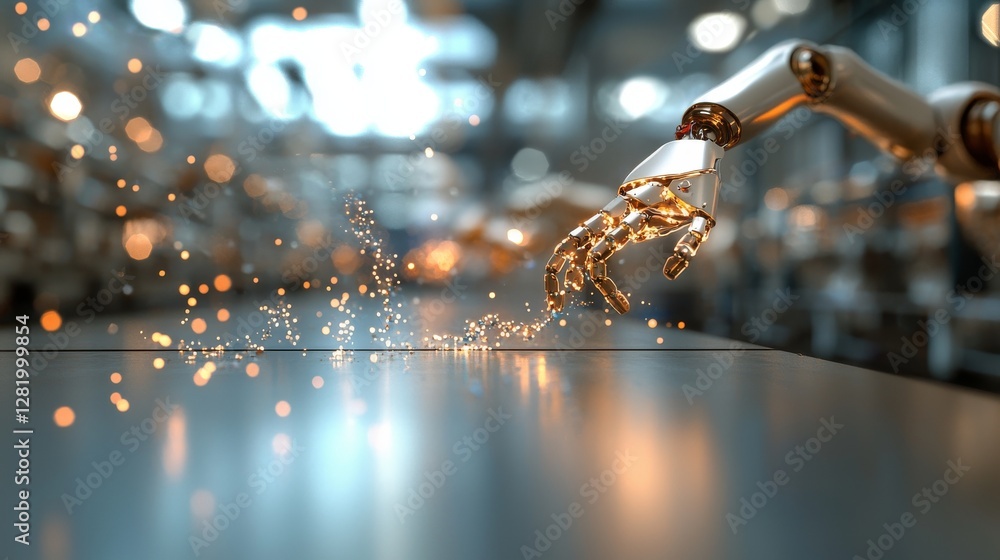Aufkleber in the context of industry 4.0, a neural network or stock is showcased, where robotic arms construct