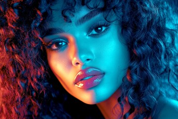 Fototapeta premium Long trim - curly hair. Commercial promotion concept. Attractive calm black girl - for ads, magazine ad and social media use. Black female portrait. Black fashion model. Long hair advertisin.