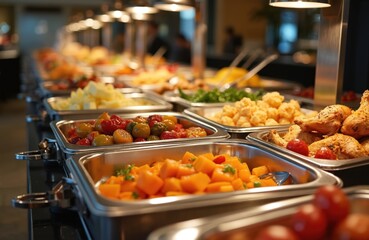 Obraz premium Catering buffet with variety of hotel restaurant food. Long table with vegetables meat dishes. Salad meal for party lunch. Delicious menu, plate snack dish. Healthy catering, wedding cookery, tasty