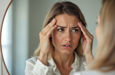 Frowning woman checks new wrinkles on forehead in mirror. Stressed businesswoman looks for fine lines signs of aging. Anxious caucasian lady examining face skin. Woman concerned about skincare.