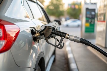 fuel nozzle connected to a cars gas tank, filling up at a gas station during daytime