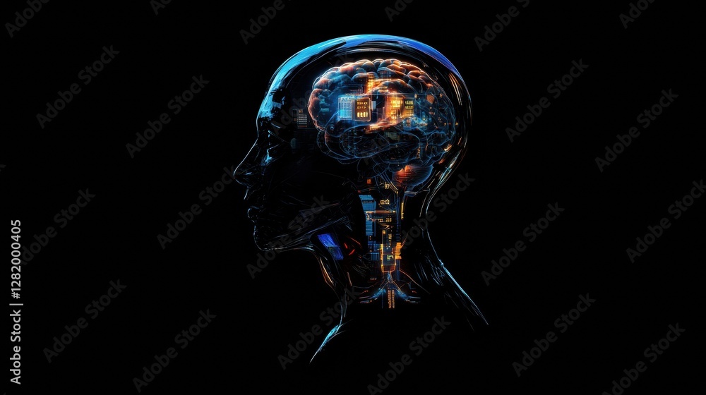 Poster side profile of a human head revealing intricate mechanical structures and a glowing robotic eye. ge
