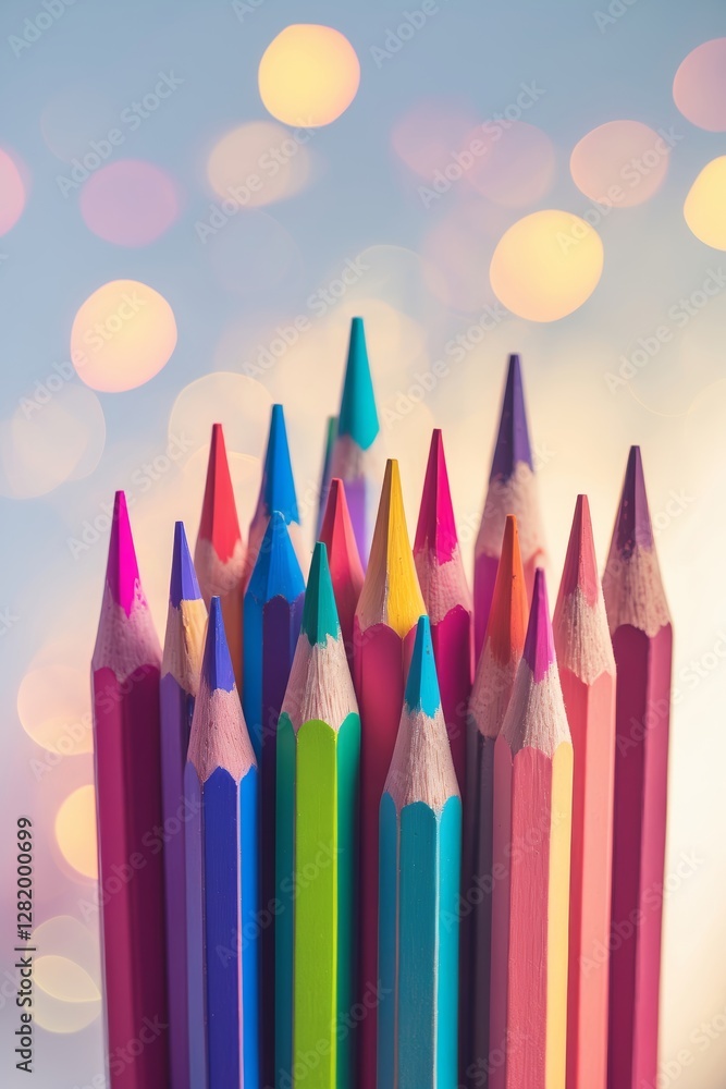 Poster colorful collection of sharpened pencils arranged artistically against a vibrant bokeh background in