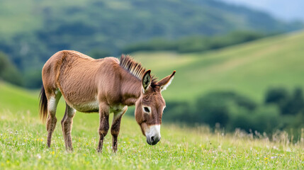Brown donkey grazing on green hillside with rolling hills and trees in the background, enjoying a peaceful moment in nature