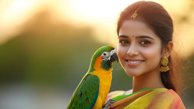 Indian woman wearing colorful sari, smiling and perching green parrot on shoulder during warm sunset light with soft nature backdrop