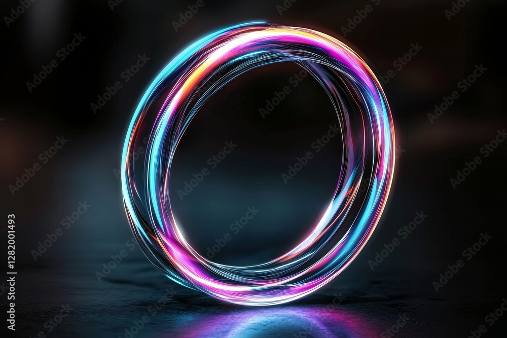 Poster a dark blue background serves as the canvas for abstract digital neon waves that form a circular pat