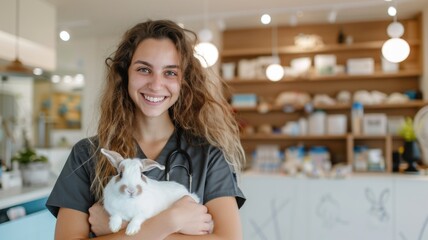 Veterinary care and technology, smiling veterinarian holding rabbit in modern clinic