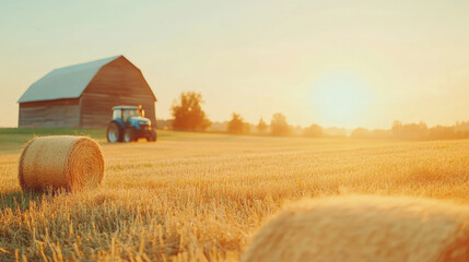 Agricultural landscape featuring vintage blue tractor resting beside weathered wooden barn, surrounded by golden hay bales during sunset