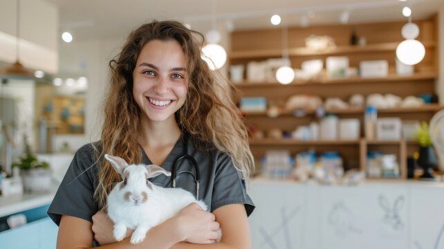 Veterinary care and technology, smiling veterinarian holding rabbit in modern clinic