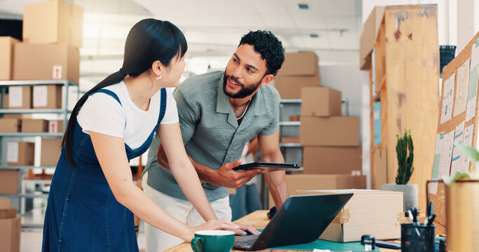 Team, logistics and business people in shipping startup or warehouse for delivery schedule. Distribution, planning and laptop for ecommerce discussion, supply chain or happy for procurement on tablet