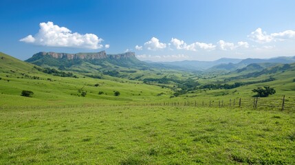 Obraz premium Lush green valley and rolling hills stretch towards a distant flat-topped mountain range under a bright blue sky.