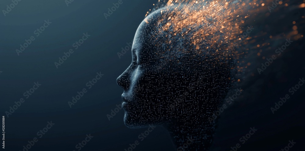 Poster the concept of integrating human and computer elements, as represented by a face with digital circui