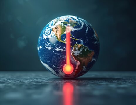 Global warming concept with thermometer on Earth globe showing rising temperatures, heat. Climate change environmental crisis danger alert. Planet emergency, concept of sustainability, renewable