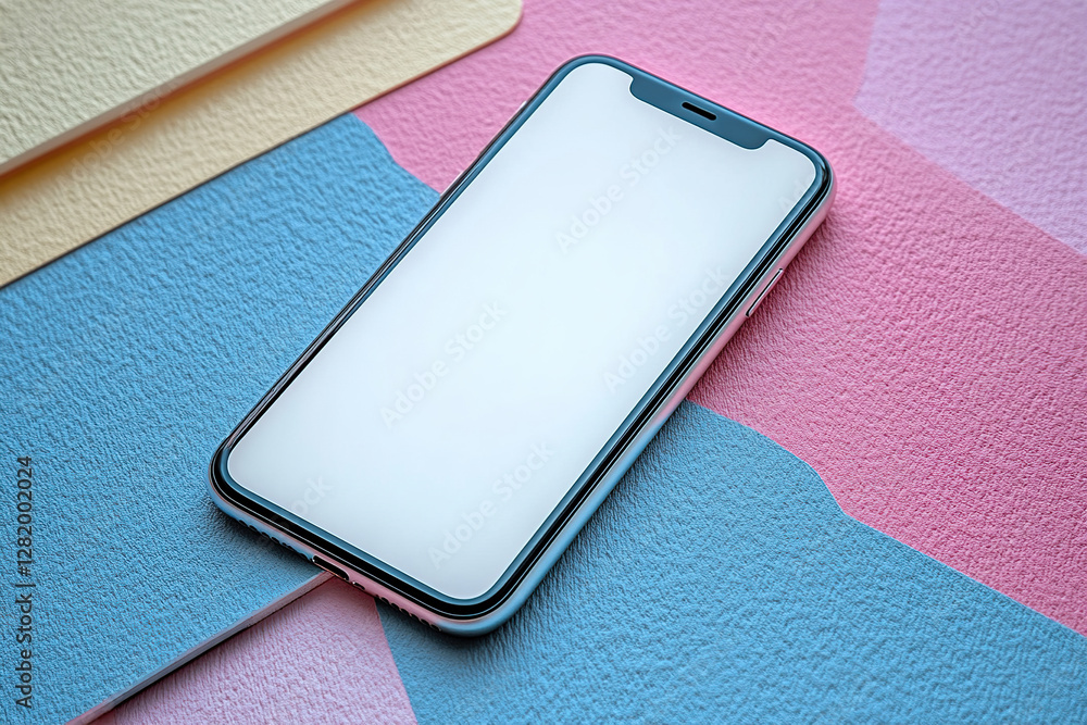 Poster blank white screen displayed on smartphone resting on colorful textured background