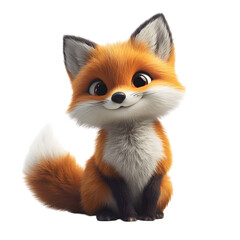 Fluffy 3D Cartoon Fox Sitting on Black Surface Isolated on Transparent Background