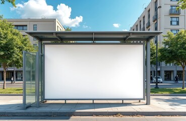 Urban bus stop with blank white billboard mockup for advertisement. City street with roadside shelter, pavement, tiles. Nobody around. Perfect for commercial, advert, advertising promotion template,