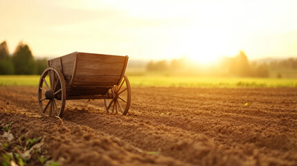 Vintage seed planter sitting amid fertile soil, bathed in golden sunset hues, reflecting agricultural heritage and timeless farming traditions