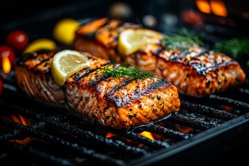 Grilled salmon fillets with lemon and herbs cooking on a barbecue grill during a summer evening gathering
