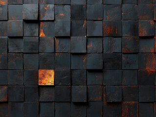 Many black square rough bricks and one golden brick background