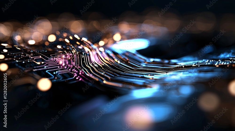 Poster cyberpunk themes of abstract neon and sci-fi elements in red and blue hues create a dynamic and glow